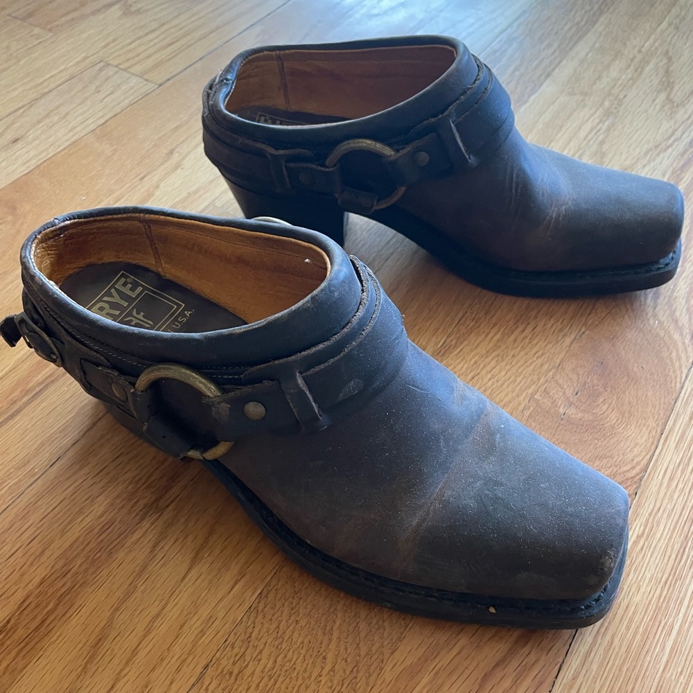Frye Brown Leather Belted Harness Western Clog Mule Size 8 M Boot